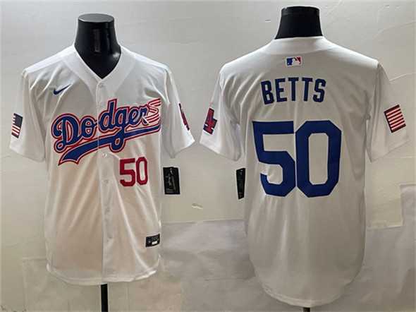 Mens Los Angeles Dodgers #50 Mookie Betts White With American Flag Patch Limited Stitched Jersey